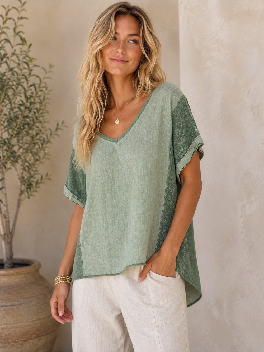 Meo Meli Made in Italy Sage Green Linen Cotton Layered Tunic Top One Size